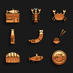 Set Shrimp, Shark, Puffer fish on plate, Sushi, Sauce bottle, Crab and Seafood store icon. Vector