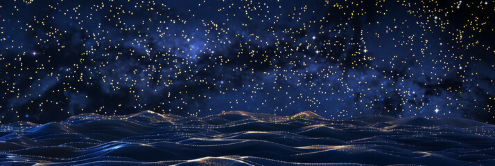 Starry Night Landscape with Sparkling Golden Waves