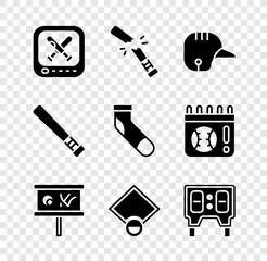 Set Monitor with baseball game, Broken bat, Baseball helmet, Planning strategy, field, mechanical scoreboard, and sock icon. Vector