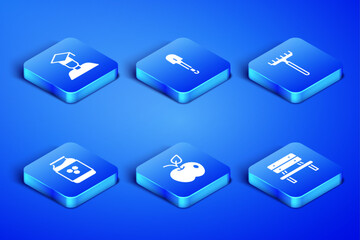 Set Bench, Graduate and graduation cap, Apple, Jar of honey, Shovel and Garden rake icon. Vector