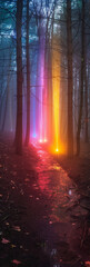 Spectrum of Laser Lights Cutting Through Misty Forest