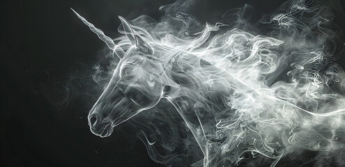 White unicorn made of mystery smoke or fog isolated on a black background