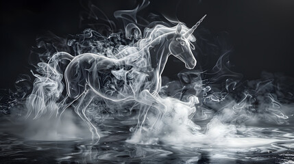 White unicorn made of mystery smoke or fog isolated on a black background