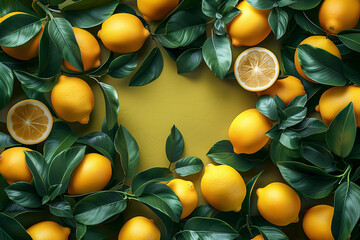 Lemons pattern, frame, top view, 3d render