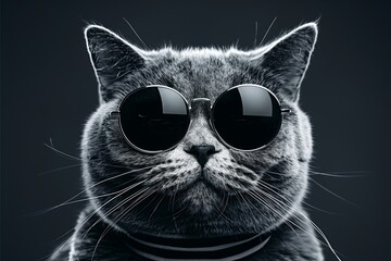 funny studio shot of cool maine coon cat wearing sunglasses sticking out tongue on gray background with copy space