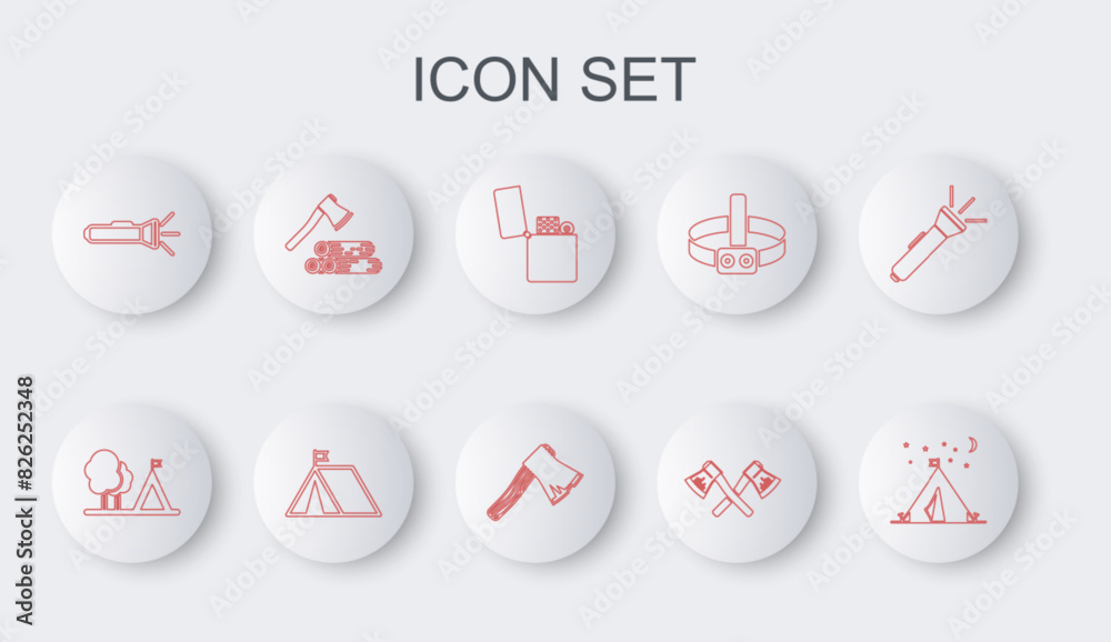 Canvas Prints set line tourist tent with flag, lighter, crossed wooden axe, flashlight, wooden and, and old icon. 