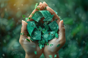 Hands with green leaves against turquoise background, ecology concept, 3d render