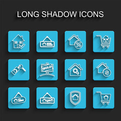 Set line Hanging sign with For Rent, Sold, House check mark, under protection, Shopping cart house, dollar and Search icon. Vector