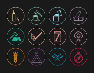 Set line Compass, Canteen water bottle, Lighter, Burning match with fire, Wooden axe and wood, Thermos container, Open matchbox matches and stump icon. Vector