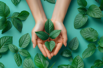 Hands with green leaves against turquoise background, ecology concept, 3d render