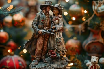 Fototapeta premium Closeup of intricately detailed victorian couple statues amidst festive christmas background