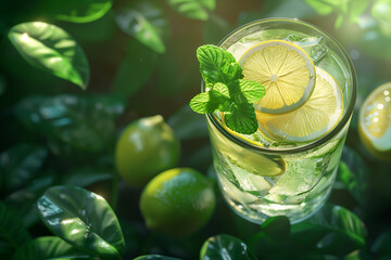 Summer drink with lime mint and lemon, 3d render