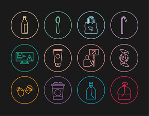 Set line Bottle of liquid soap, Hands holding Earth globe, Shopping bag with recycle, Cream cosmetic tube, Stop plastic pollution, Lotion, Nature saving protest and Disposable spoon icon. Vector