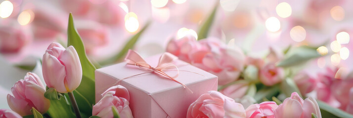 A pink box with a bow on top sits on a bed of pink flowers