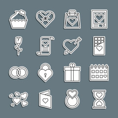 Set line Heart in the center hourglass, Calendar with heart, Chocolate bar, Shopping bag, Envelope Valentine, Flower rose, Wedding cake and Amour and arrow icon. Vector
