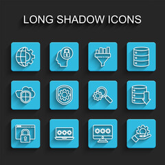 Set line Secure your site with HTTPS, SSL, Laptop password, Globe of the Earth and gear, Monitor, Hand settings, Shield, Server, Data, Web Hosting and Magnifying glass icon. Vector