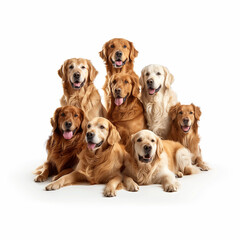 Three golden retrievers together with a white background.