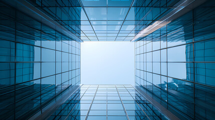 Wide angle shot of blue glass skyscraper with sky as background