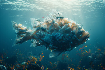 Fish silhouette made of plastic trash in the ocean, planet pollution, ecology concept, 3d render