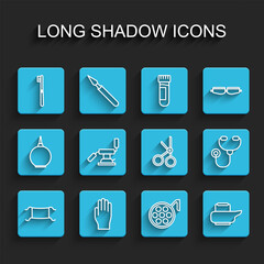 Set line Medical protective mask, rubber gloves, Toothbrush, Surgery lamp, Bedpan, dental chair, Stethoscope and scissors icon. Vector