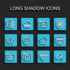 Set line Browser with exclamation mark, shield, Server security lock, Password protection, Magnifying glass and gear, Globe of the Earth, Monitor password and Network cloud connection icon. Vector