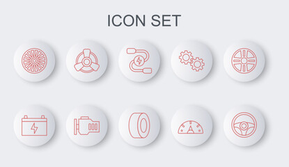 Set line Steering wheel, Car battery, jumper power cable, Speedometer, Alloy, motor ventilator, Check engine and tire icon. Vector