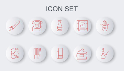 Set line Hookah, Tandoori chicken, Indian vase, spice, Bamboo flute indian, Monkey, Aroma sticks, incense and textile fabric icon. Vector