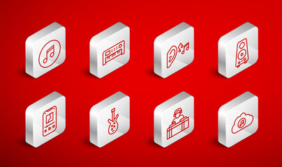 Set line Music streaming service, synthesizer, Ear listen sound signal, Stereo speaker, DJ playing music, note, tone, Electric bass guitar and player icon. Vector