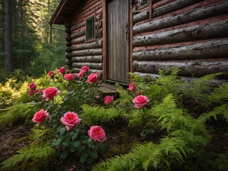 Fototapeta premium Vibrant cluster of pink roses stands out against backdrop of lush green ferns in foreground. Rustic log cabin nestled among tall trees in background, suggesting serene, secluded retreat in nature.