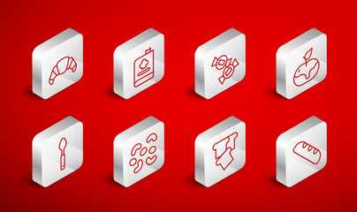Set line French baguette bread, Cookbook, Candy, Apple in caramel, Bread toast, Croissant, Jelly candy and Spoon icon. Vector