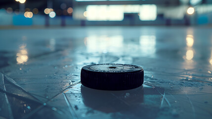 Indoor Ice Hockey Puck on Rink with Copy Space