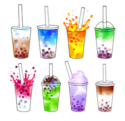 Bubble Tea flavors vector hand drawn watercolor illustrations set