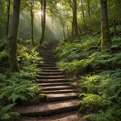 Fototapeta premium Tranquil forest scene unfolds, presenting staircase made of earthen steps ascending amidst lush greenery. Soft sunlight filters through overhead canopy, casting warm glow on scene.