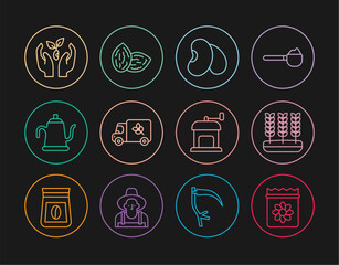 Set line Pack full of seeds of plant, Wheat, Beans, Flour truck, Watering can, Plant hand, Manual coffee grinder and Seed icon. Vector