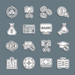Set line Briefcase and money, Graduation cap coin, Money hand, Coin with dollar, Online banking, bag, Gold bars and Bank building icon. Vector