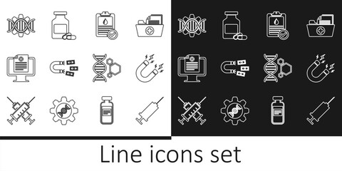 Set line Syringe, Magnet with lightning, Clipboard blood test, money, Clinical record monitor, Genetic engineering, and Medicine bottle and pills icon. Vector