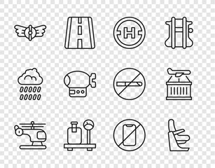 Set line Helicopter, Airplane seat, landing pad, Scale with suitcase, Aviation emblem, Airship, No cell phone and Plane icon. Vector