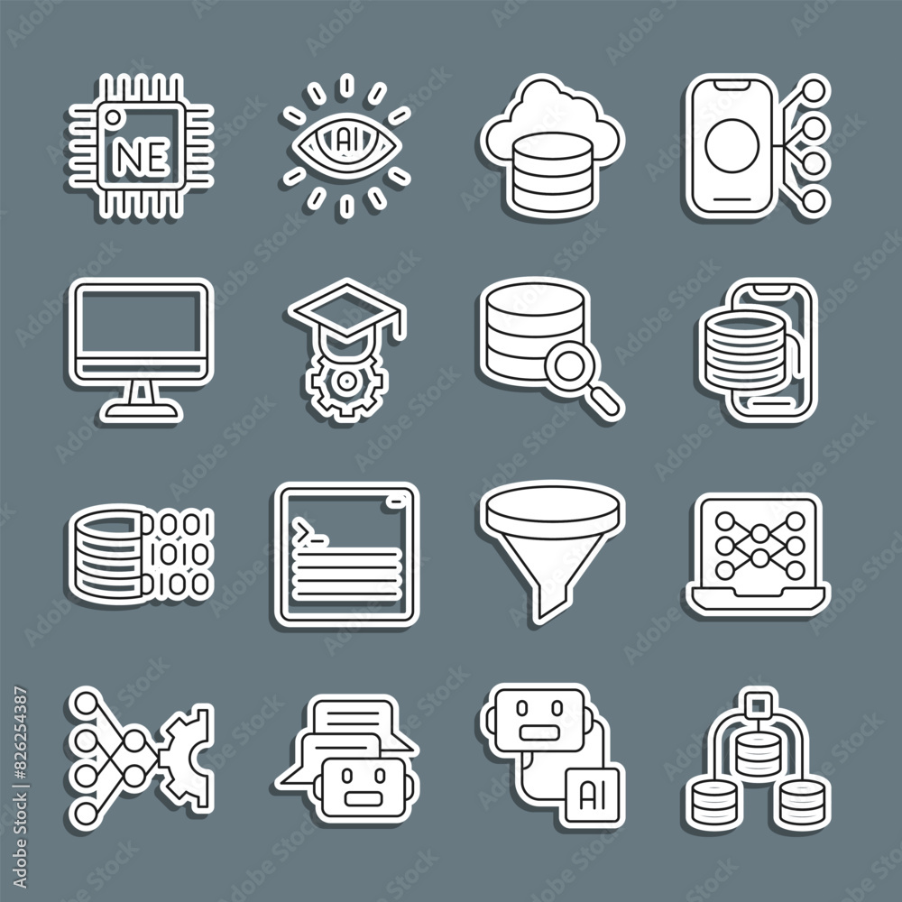 Poster set line server, data, neural network, cloud technology data transfer, database, graduation cap, com