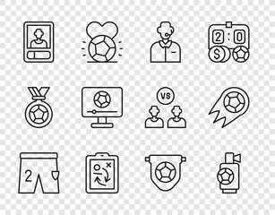 Set line Shorts for playing football, Air horn, Football soccer commentator, Planning strategy concept, card, match TV, flag pennant and Soccer icon. Vector