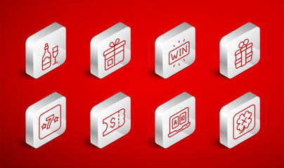 Set line Casino slot machine, Gift box, win, Online poker table game, Champagne bottle with glass, Lottery ticket and icon. Vector