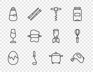 Set line Broken egg, Electric mixer, Wine corkscrew, Kitchen ladle, Salt, Rolling pin on dough, Cooking pot and whisk icon. Vector