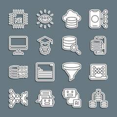 Set line Server, Data, Neural network, Cloud technology data transfer, database, Graduation cap, Computer monitor, Processor CPU and icon. Vector