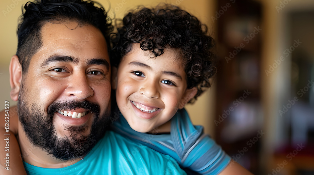 Wall mural portrait of cheerful hispanic father and son with curly black hair at home - Wall murals