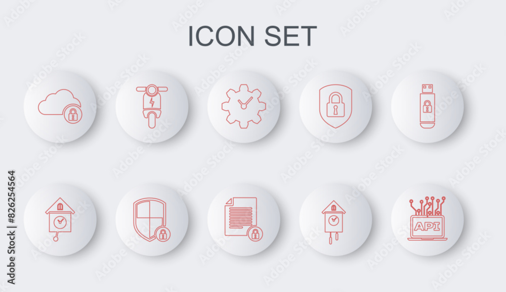 Poster set line computer api interface, retro wall watch, time management, cloud computing lock, electric s