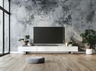 3d rendering of modern living room interior with white tv stand and empty black screen