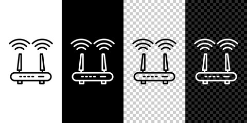 Set line Router and wi-fi signal icon isolated on black and white background. Wireless ethernet modem router. Computer technology internet. Vector