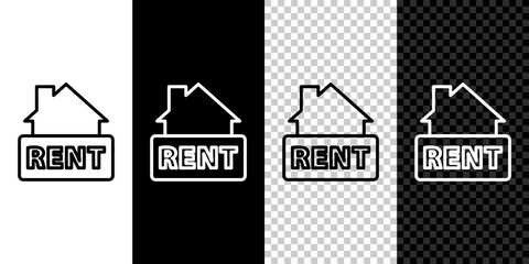 Set line Hanging sign with text Rent icon isolated on black and white background. Signboard with text For Rent. Vector