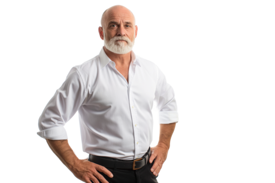 Bald Mature Man in White Shirt with Hands on Hips