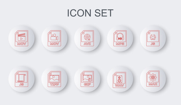 Set line MAX file document, JS, AVI, WAV, MOV, TIFF and GIF icon. Vector