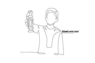 Boy holding a lantern. Islamic new year concept one-line drawing